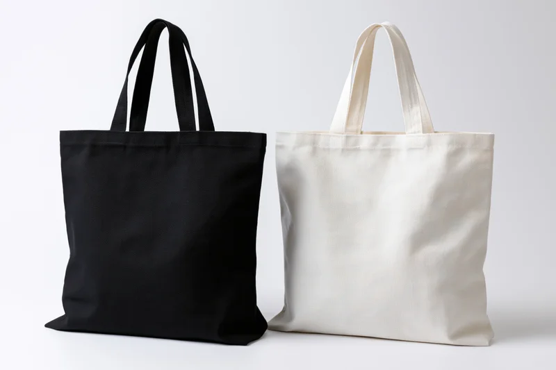 Two plain canvas tote bags side by side on white background