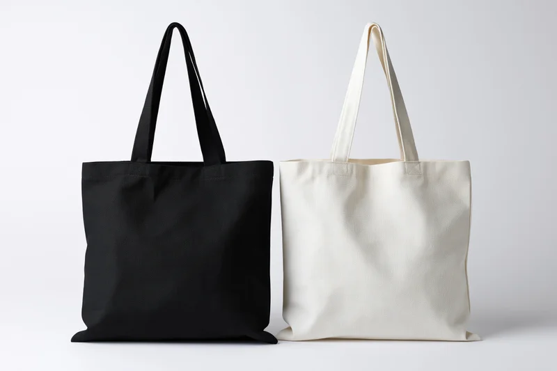 Two plain canvas tote bags side by side on white background