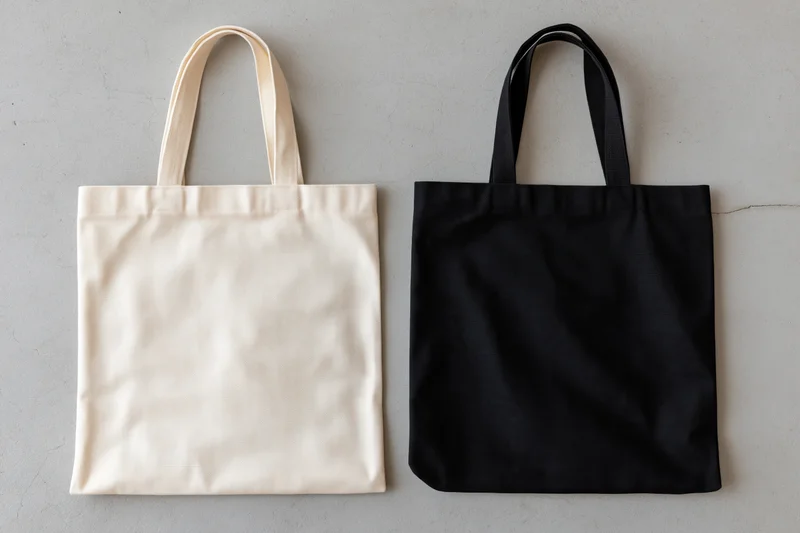 Two plain canvas tote bags side by side on a gray surface
