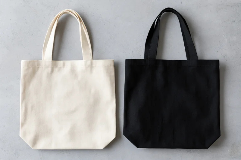 Two plain canvas tote bags side by side on a gray surface