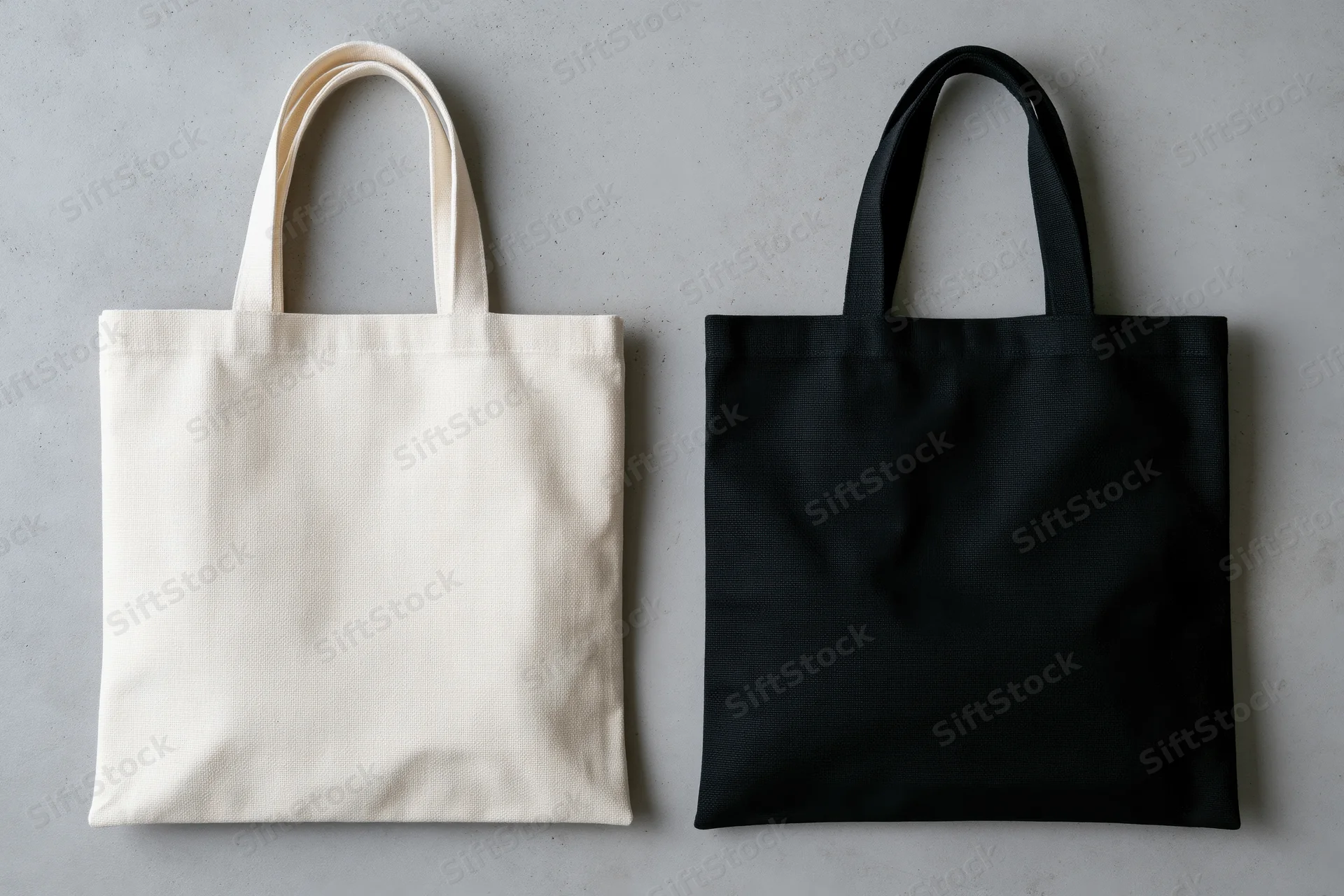 Two plain canvas tote bags side by side on a gray surface, one off-white and one black, flat lay view