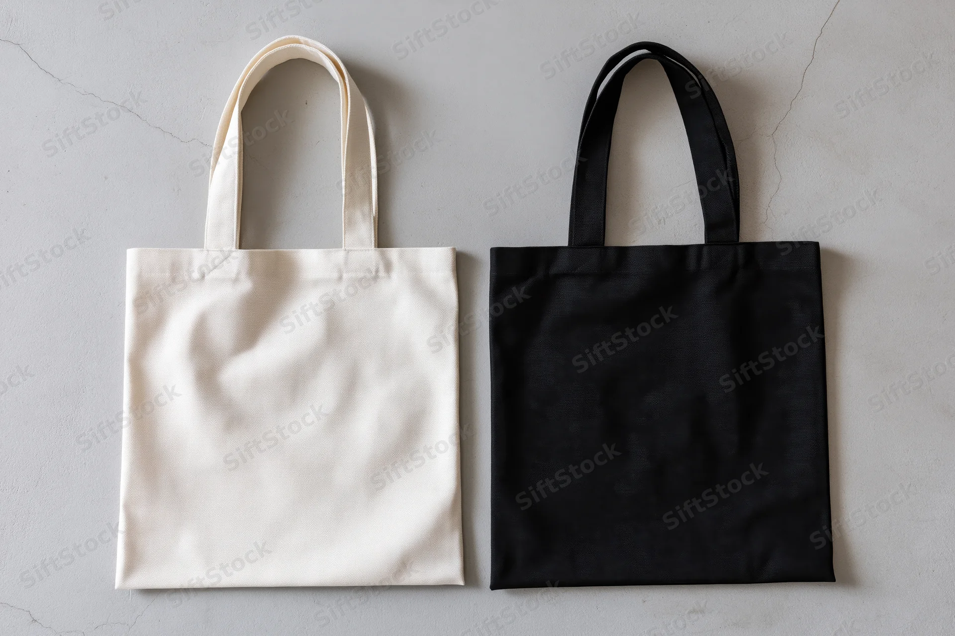 Two plain canvas tote bags side by side on a gray concrete surface