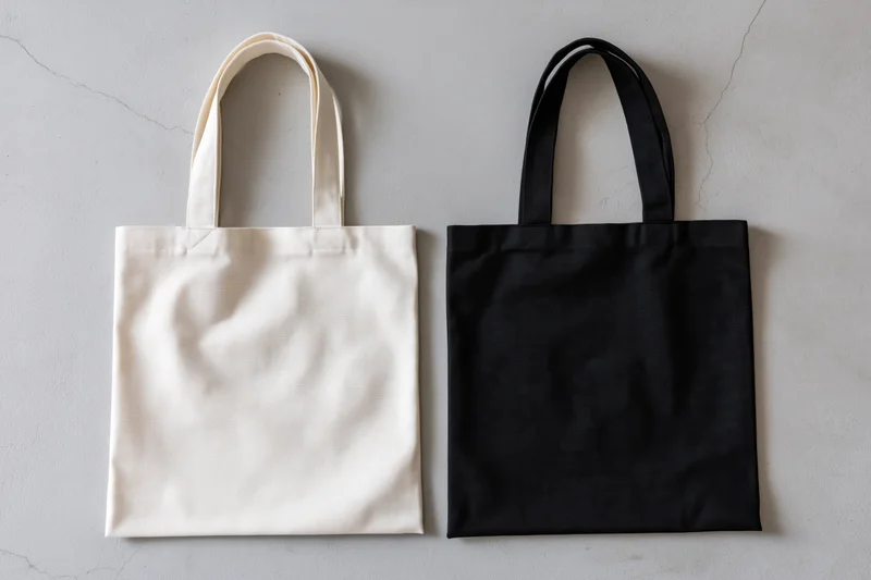 Two plain canvas tote bags side by side on a gray concrete surface