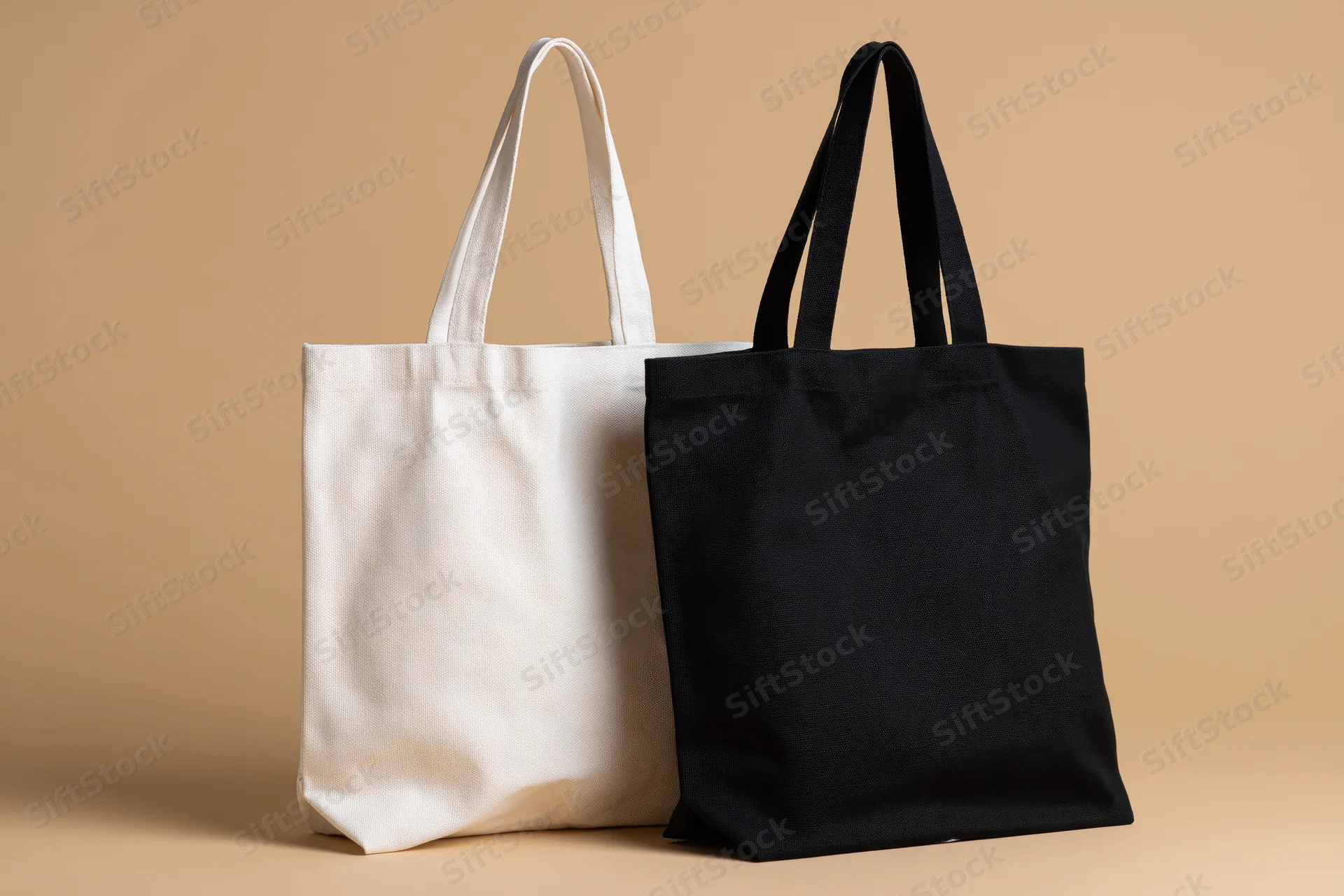 Two plain canvas tote bags side by side on a beige background