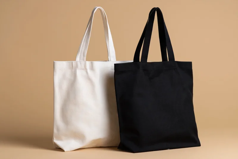 Two plain canvas tote bags side by side on a beige background