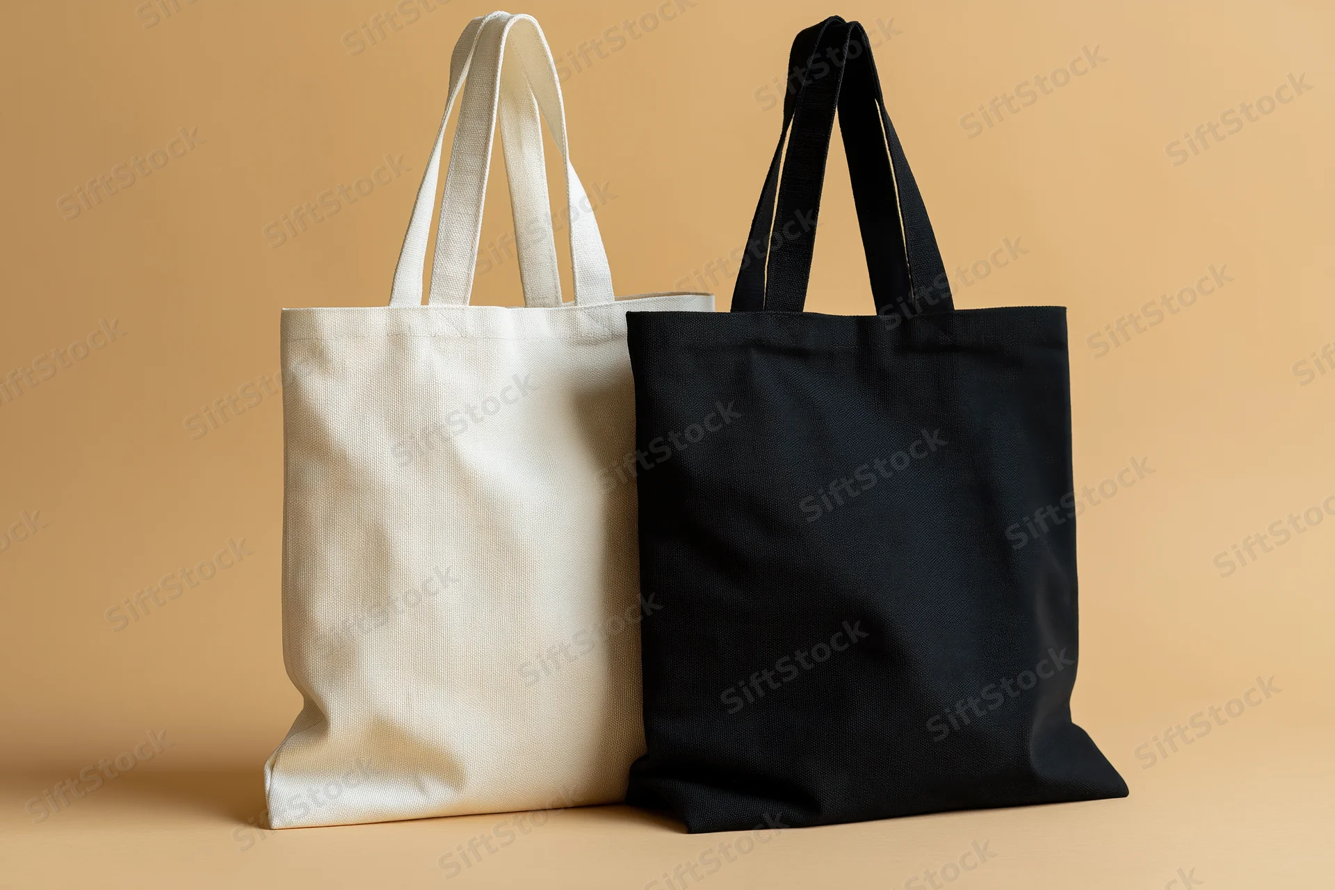 Two plain canvas tote bags side by side on a beige background