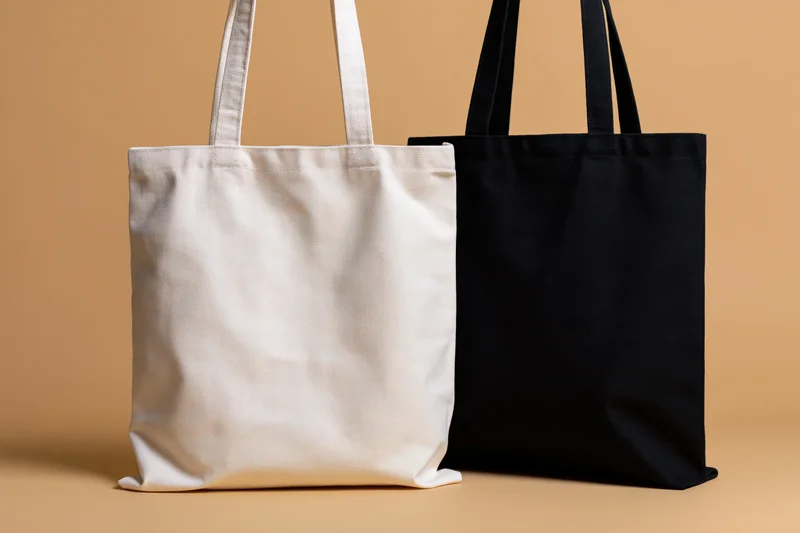 Two plain canvas tote bags side by side on a beige surface