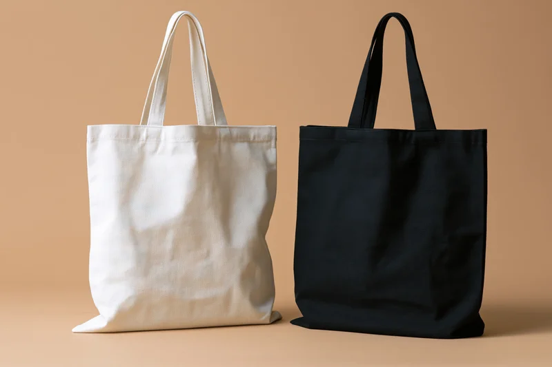 Two plain canvas tote bags side by side on a beige surface