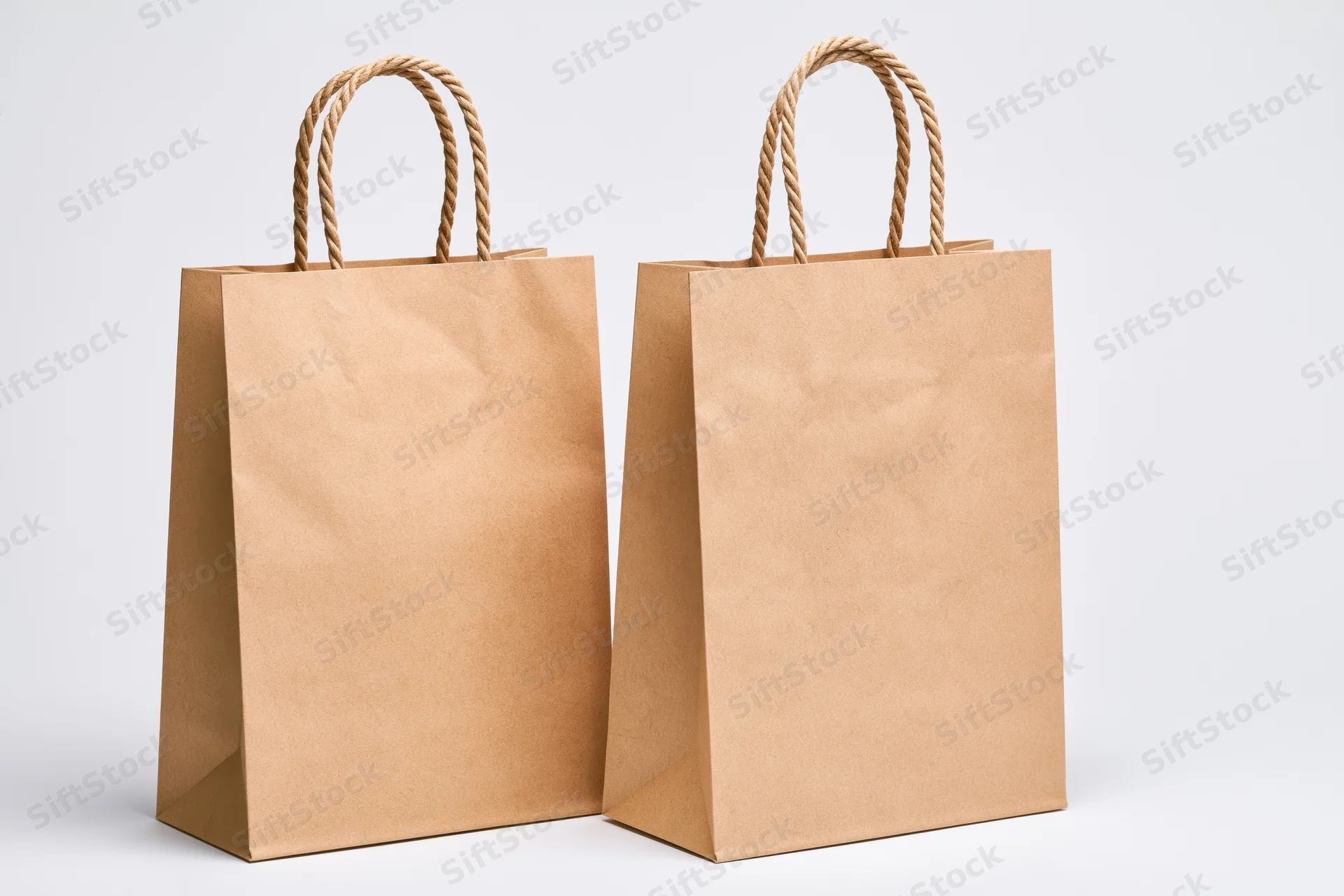 Two plain kraft paper shopping bags with twisted rope handles on white background