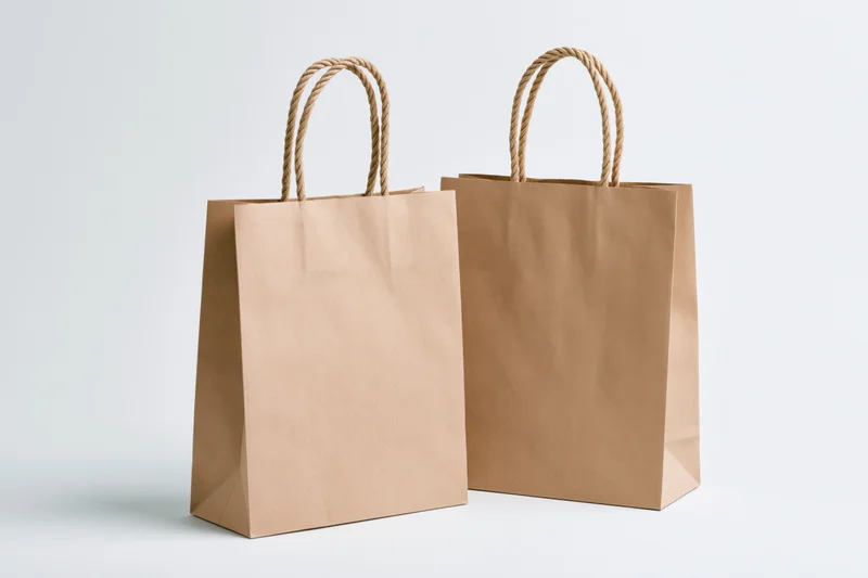 Two plain kraft paper shopping bags with twisted rope handles on white background