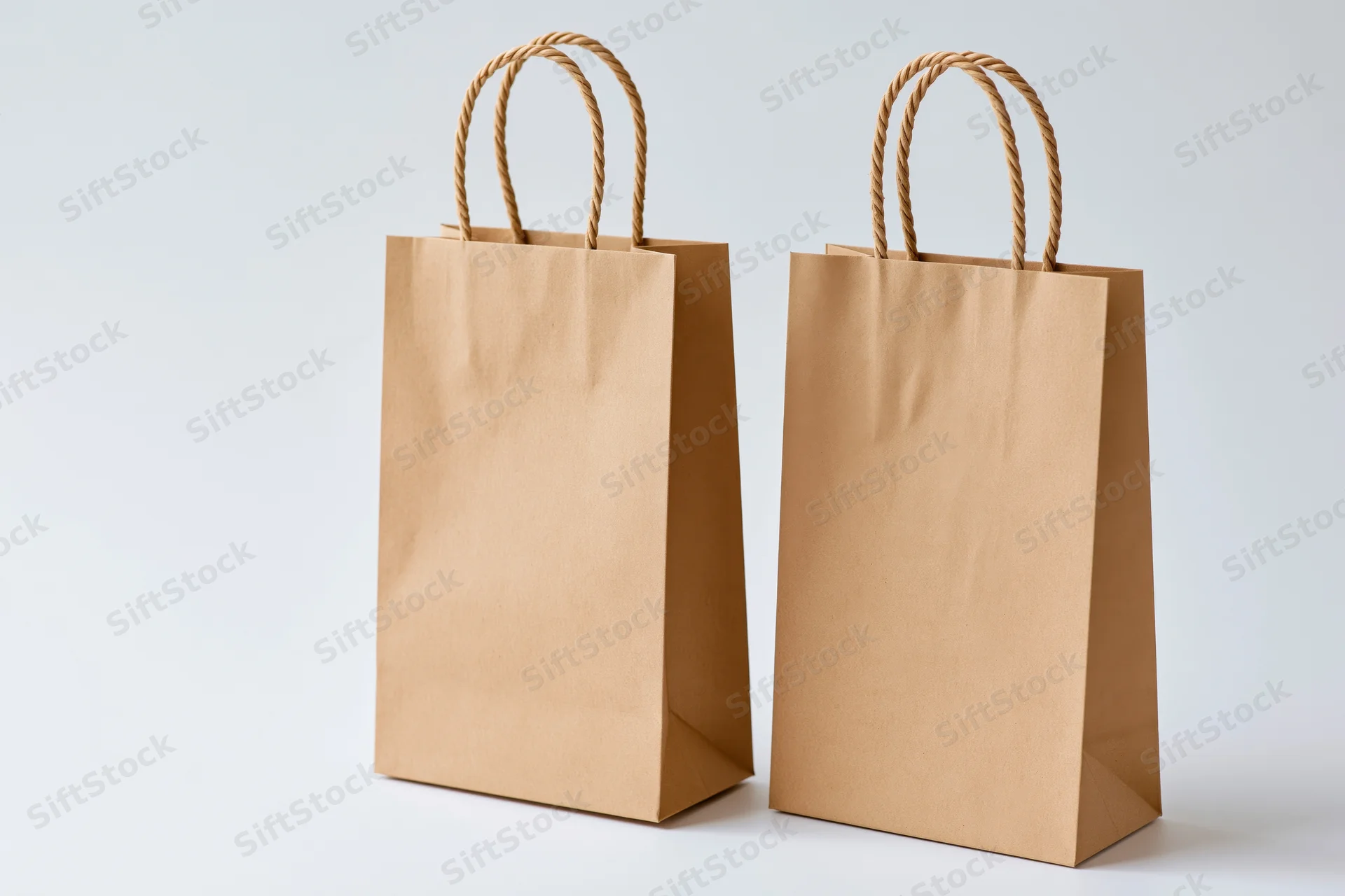 Two plain kraft paper shopping bags with twisted rope handles on white background