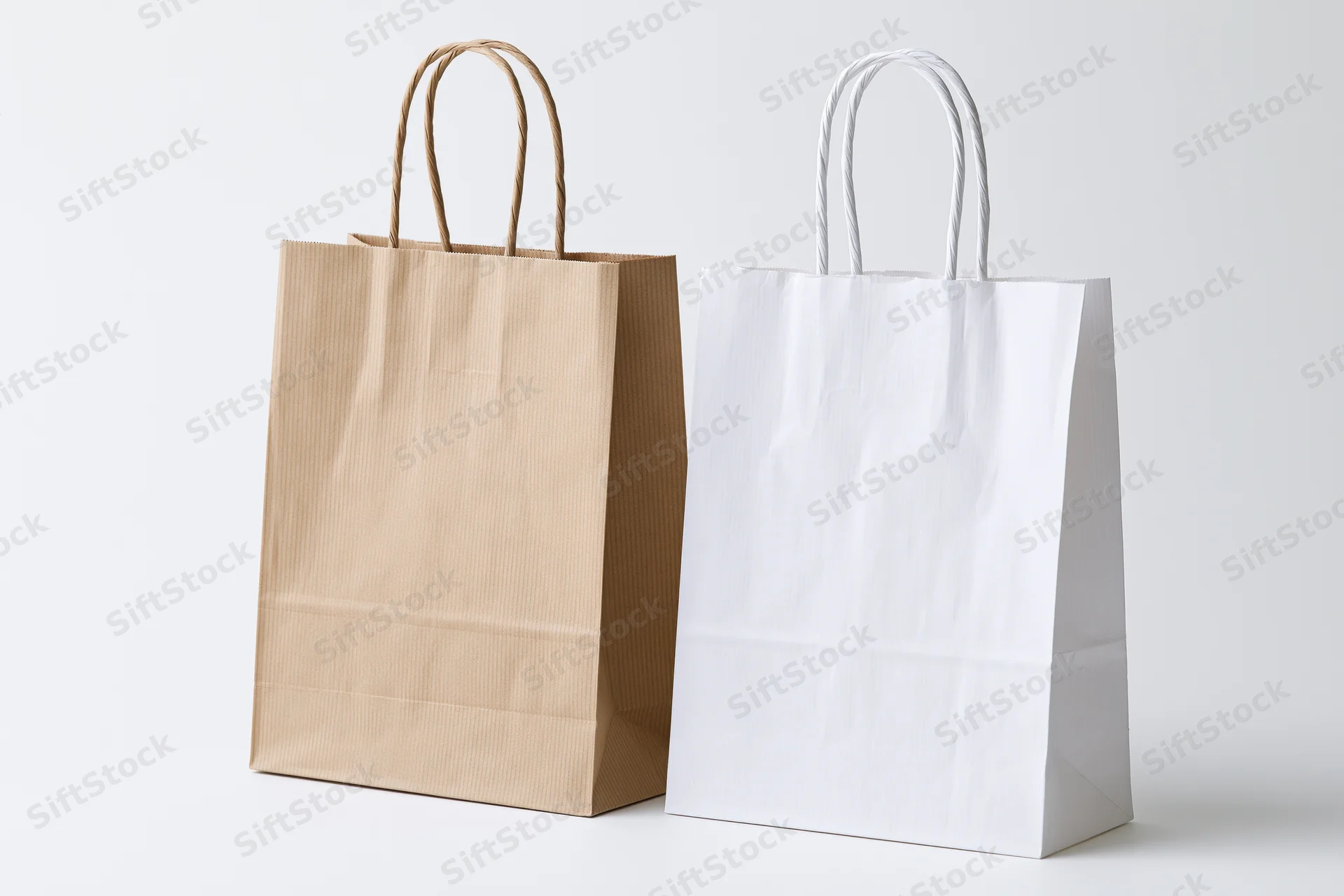 Two plain paper shopping bags standing upright side by side on white background