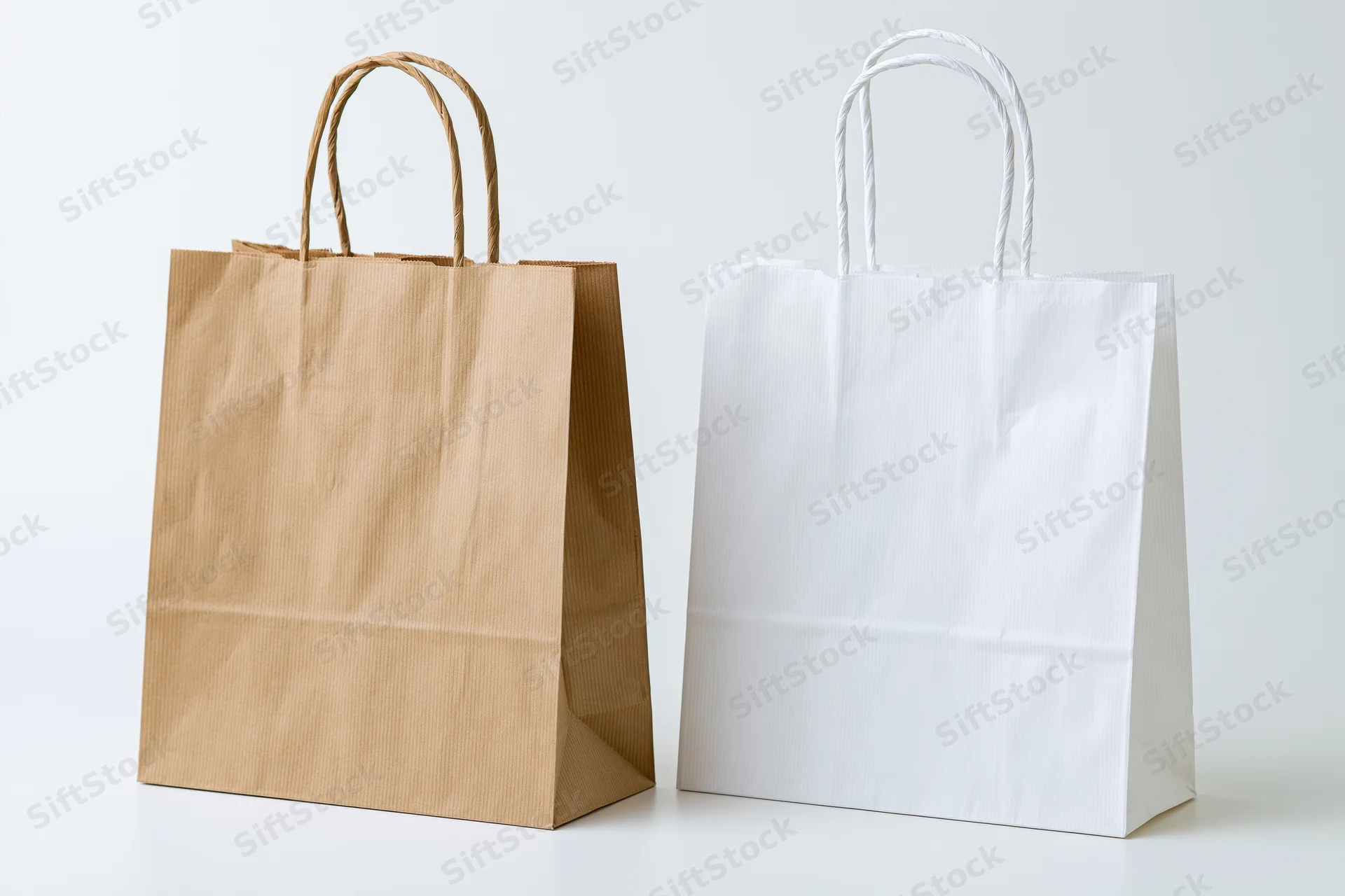 Two plain paper shopping bags standing upright side by side on white background
