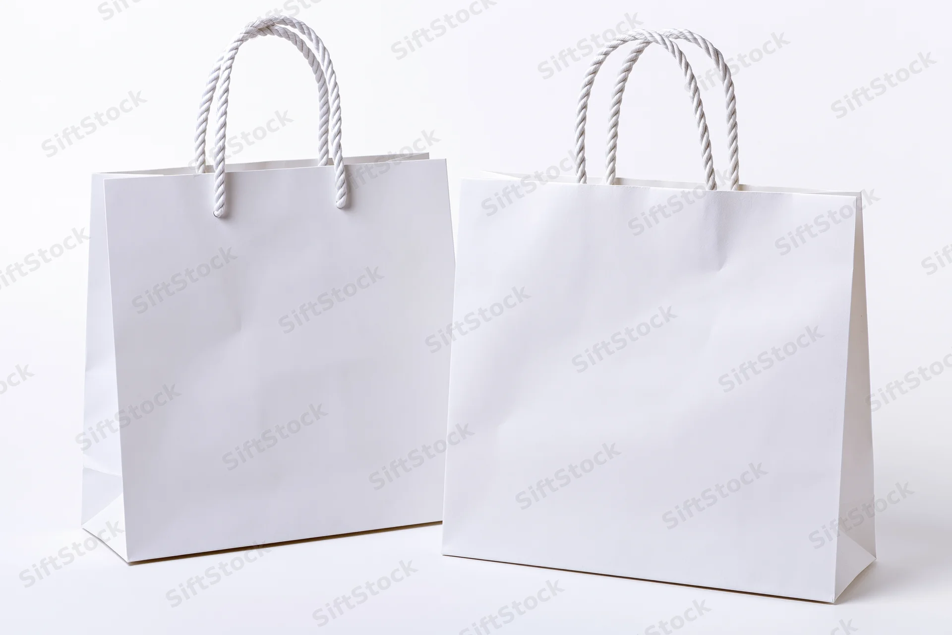 Two plain white paper shopping bags with twisted rope handles on white background