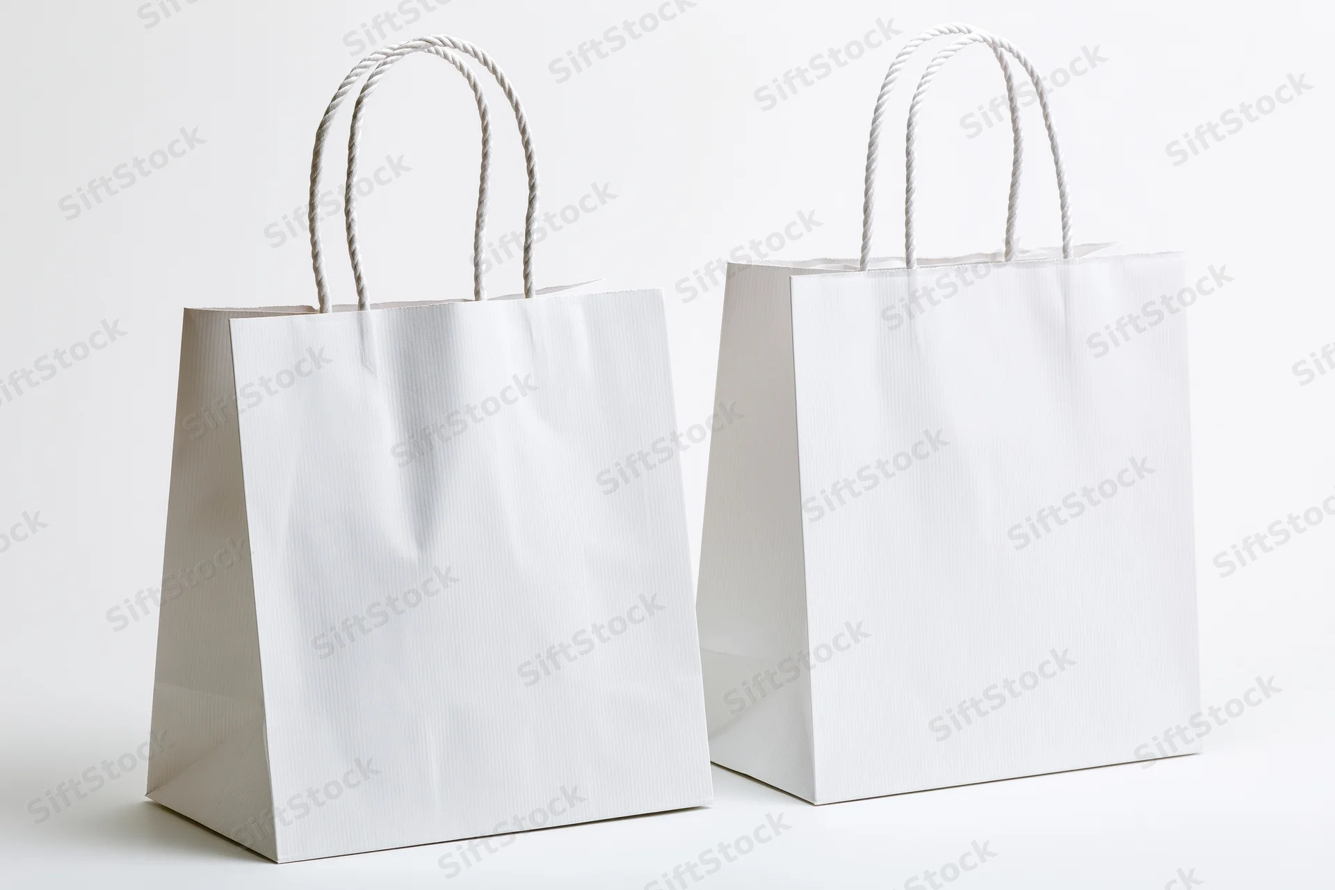 Two plain white paper shopping bags with twisted rope handles on a white background