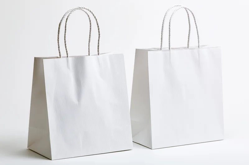 Two plain white paper shopping bags with twisted rope handles on a white background