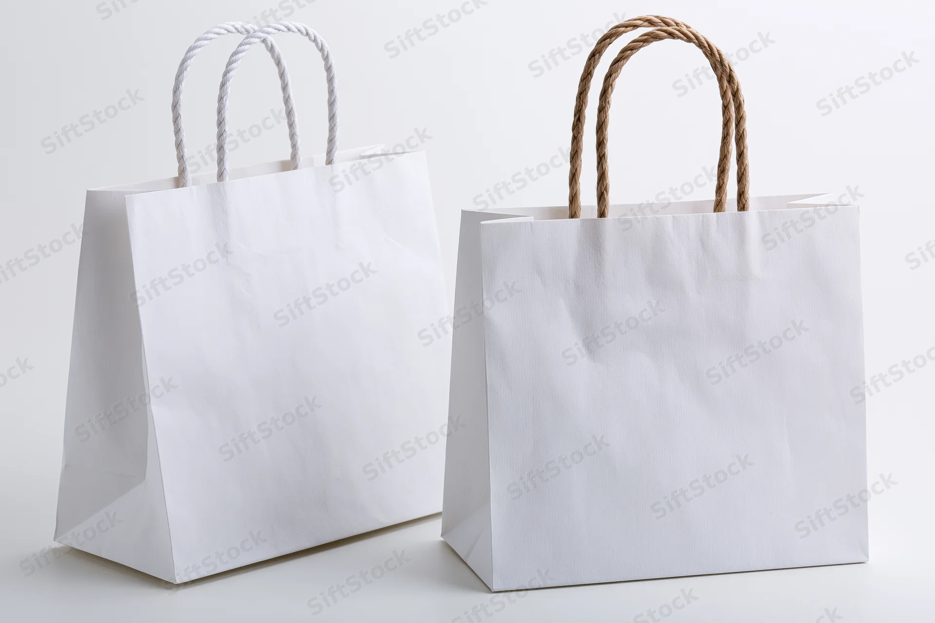 Two plain white paper shopping bags with twisted rope handles on a white surface