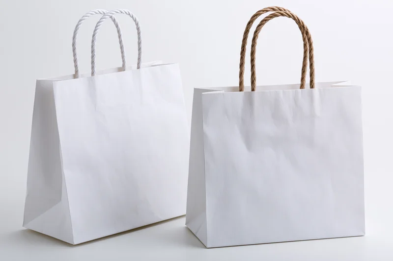 Two plain white paper shopping bags with twisted rope handles on a white surface