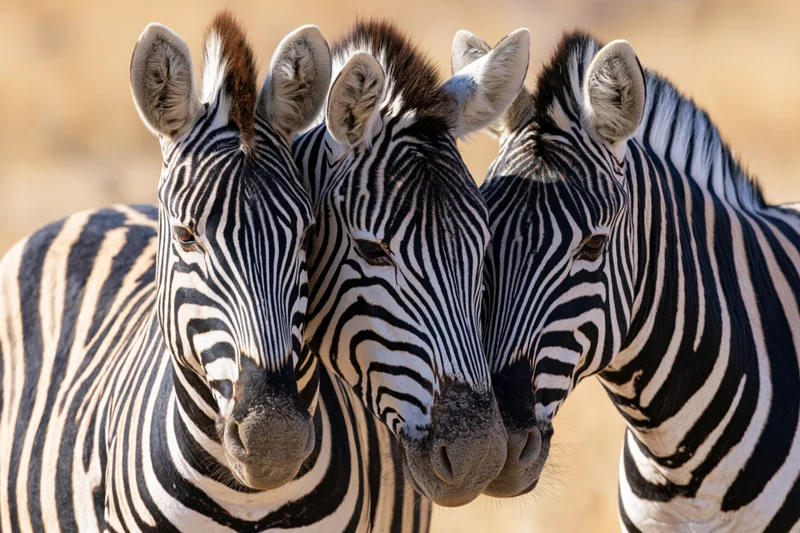 Three plains zebras resting heads together in a savanna setting