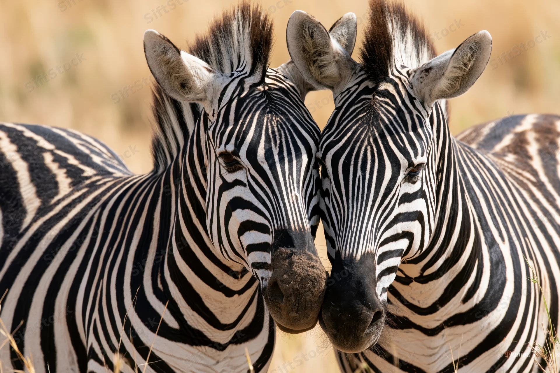 Two plains zebras nuzzling heads together in a grassy savanna field