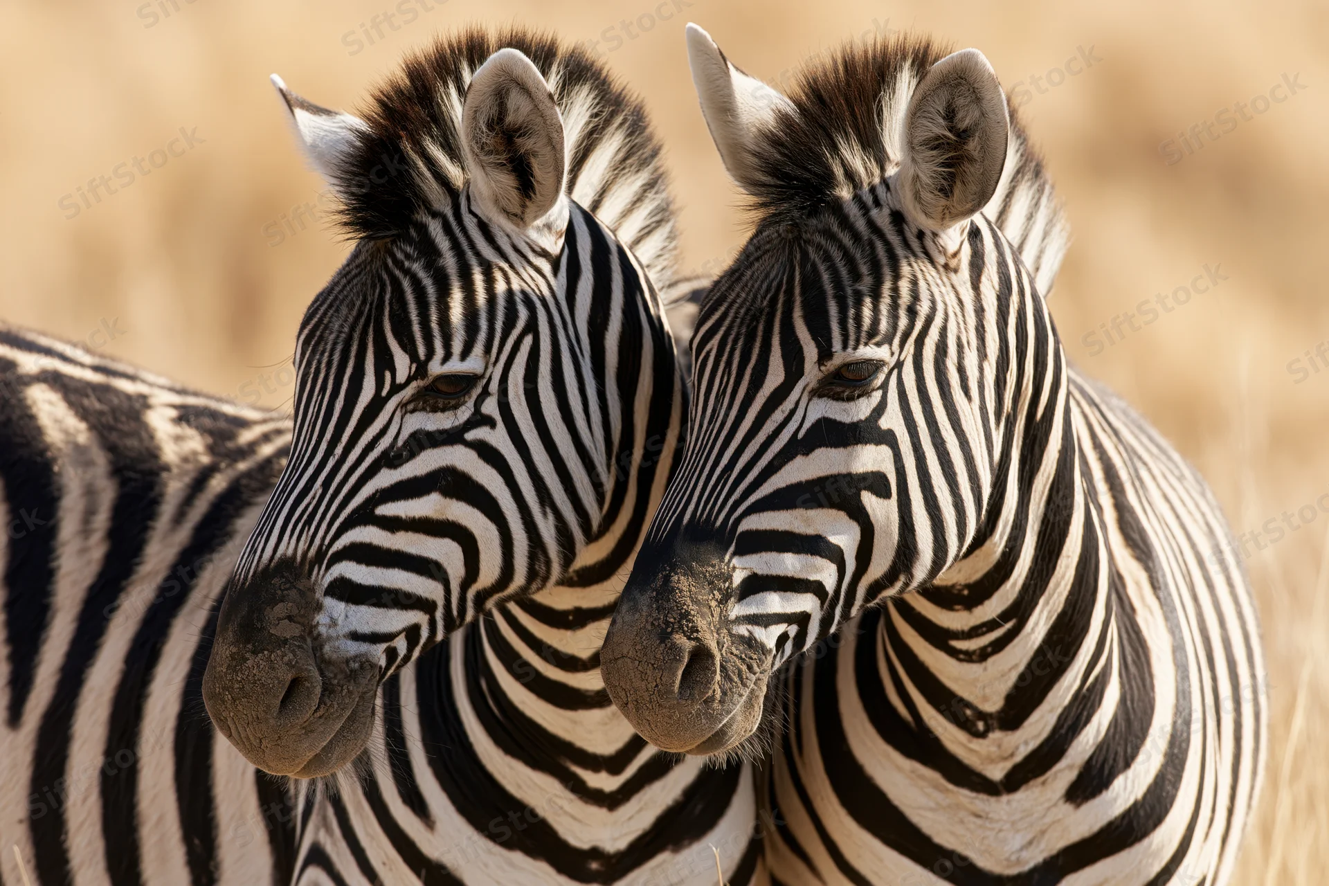 Two plains zebras resting heads together in a grassy savanna