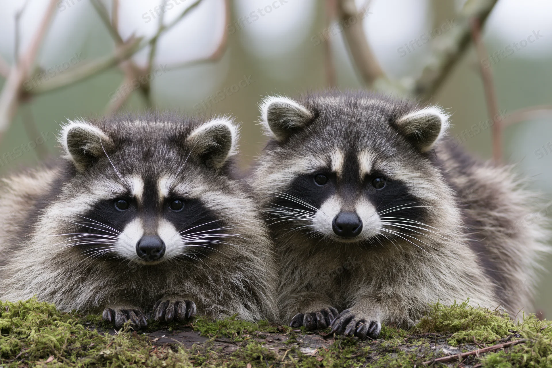 Two raccoons resting side by side on a moss-covered log in a forest setting
