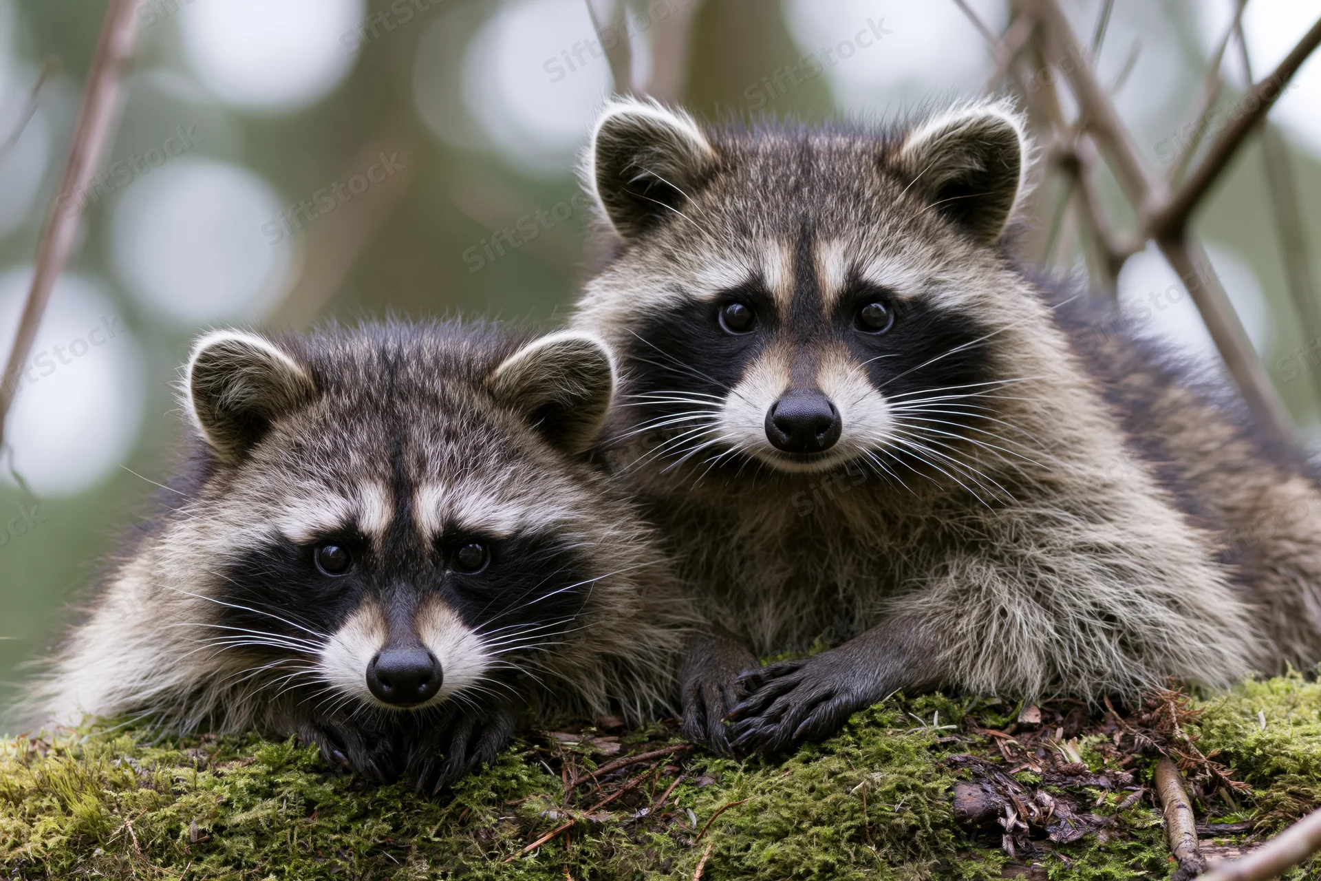 Two raccoons resting side by side on a moss-covered log in a forest setting