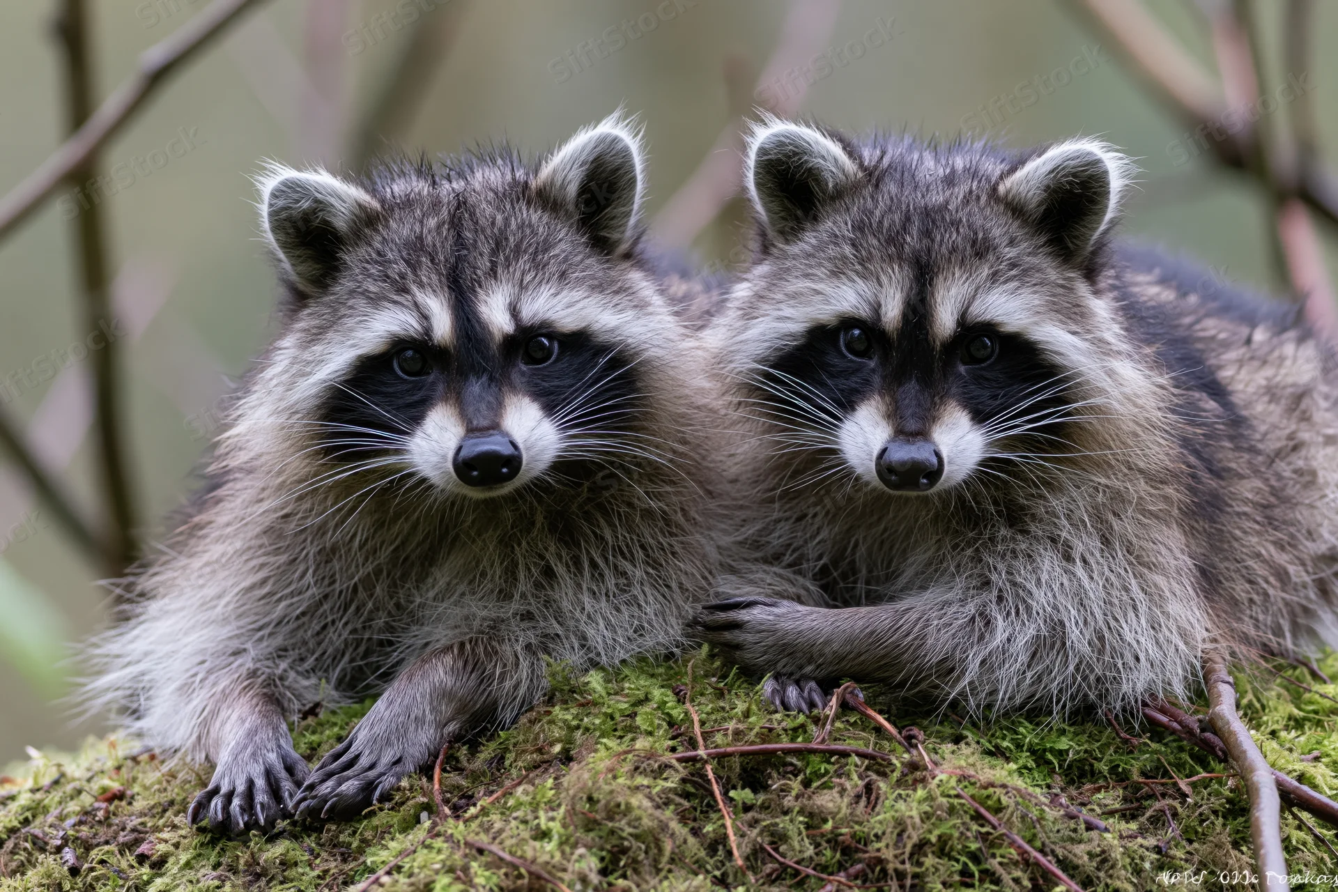Two raccoons resting side by side on a moss-covered log in a forest setting