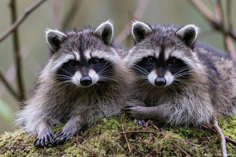 Two raccoons resting side by side on a moss-covered log in a forest setting