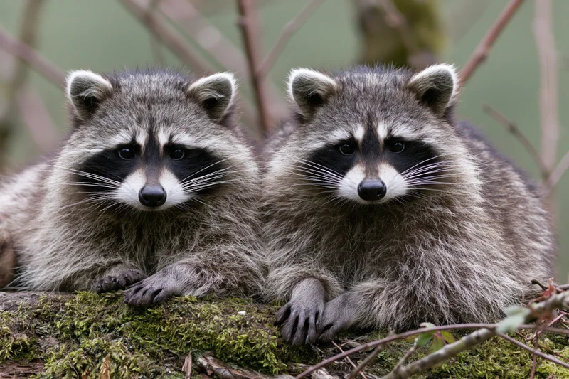 Two raccoons resting side by side on a moss-covered log in a forest setting