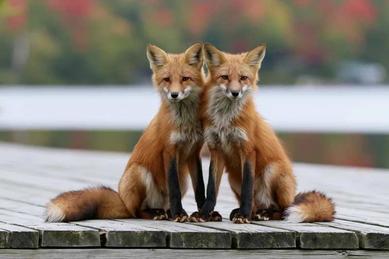 Two red fox kits sitting together on a weathered wooden dock by water