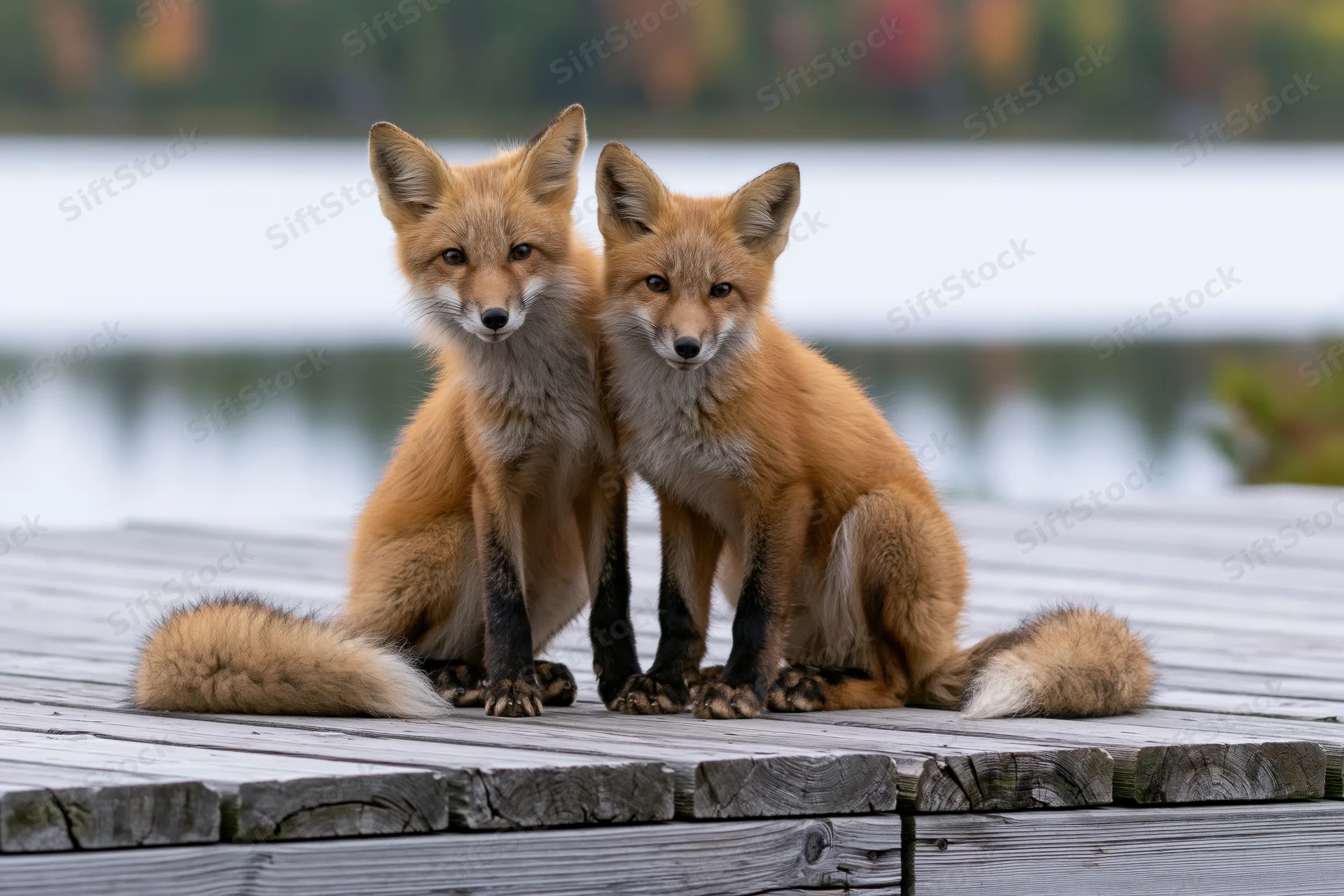 Two red fox kits sitting together on a weathered wooden dock by a lake