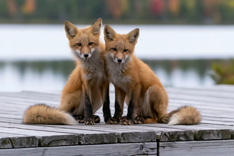 Two red fox kits sitting together on a weathered wooden dock by a lake