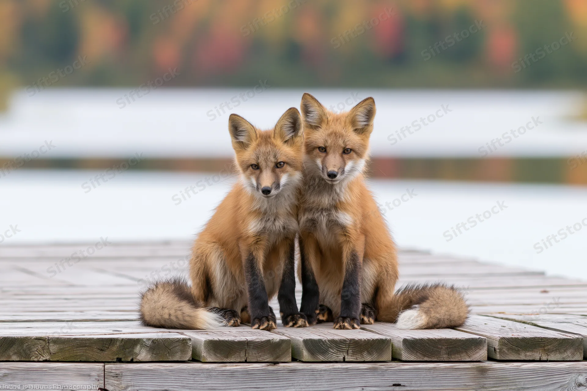 Two red fox kits sitting together on a weathered wooden dock by a lake