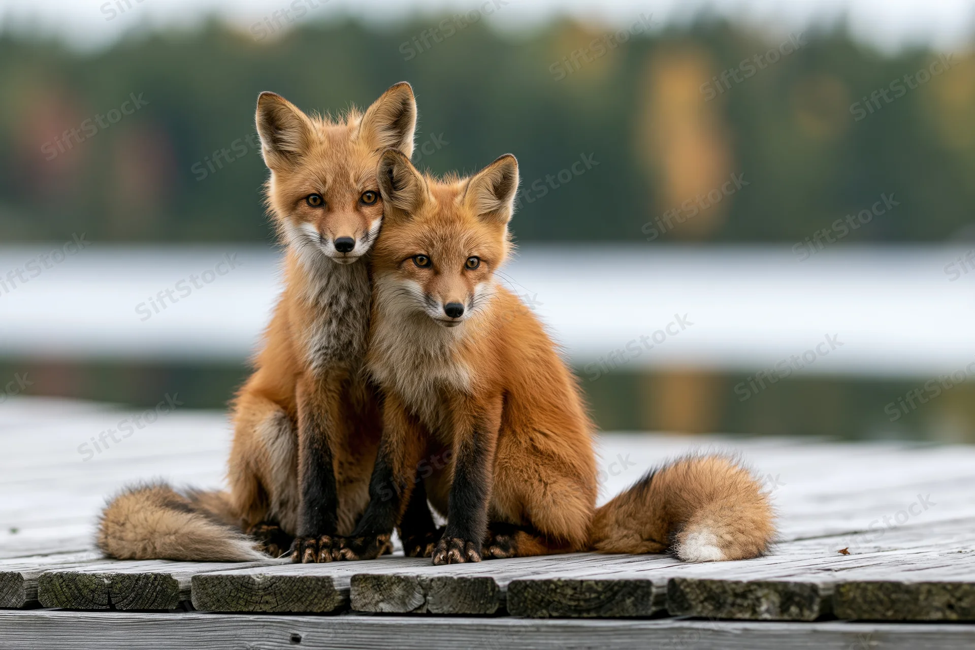 Two red fox kits sitting close together on a weathered wooden dock by a lake