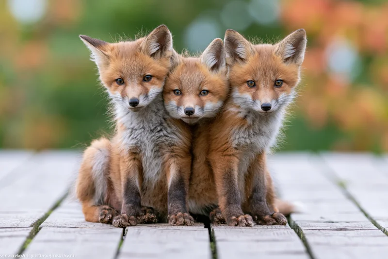 Three red fox kits sitting together on a weathered wooden dock