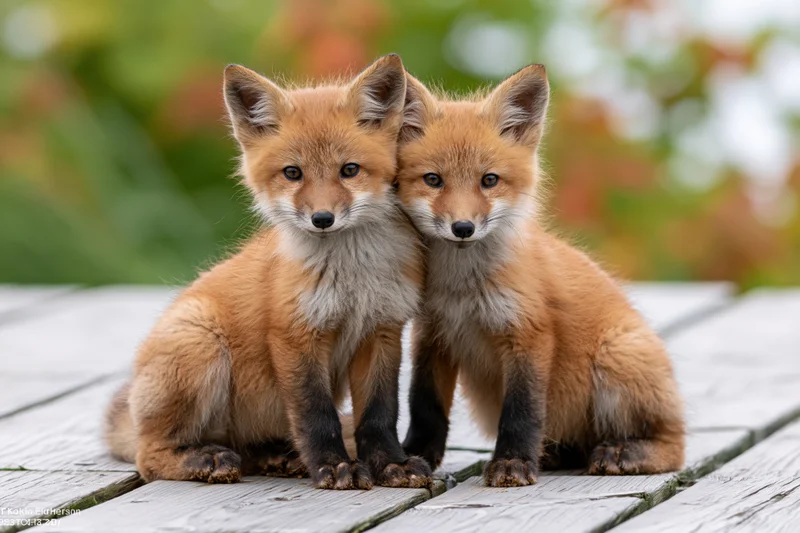 Two red fox kits sitting together on a weathered wooden dock