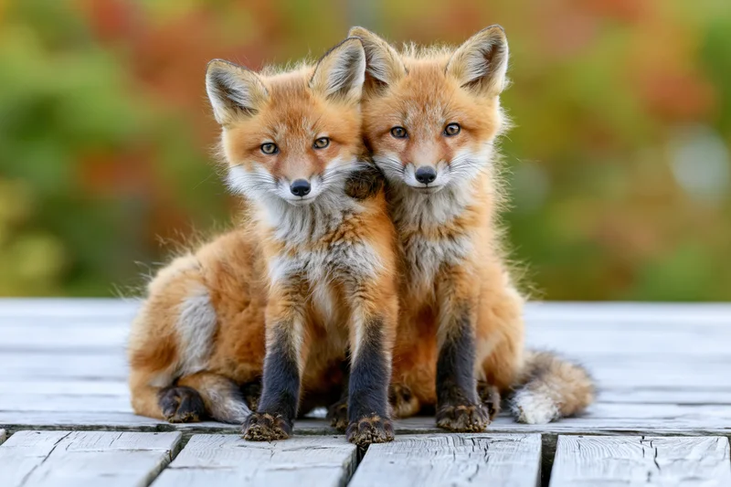 Two red fox kits sitting together on a weathered wooden dock