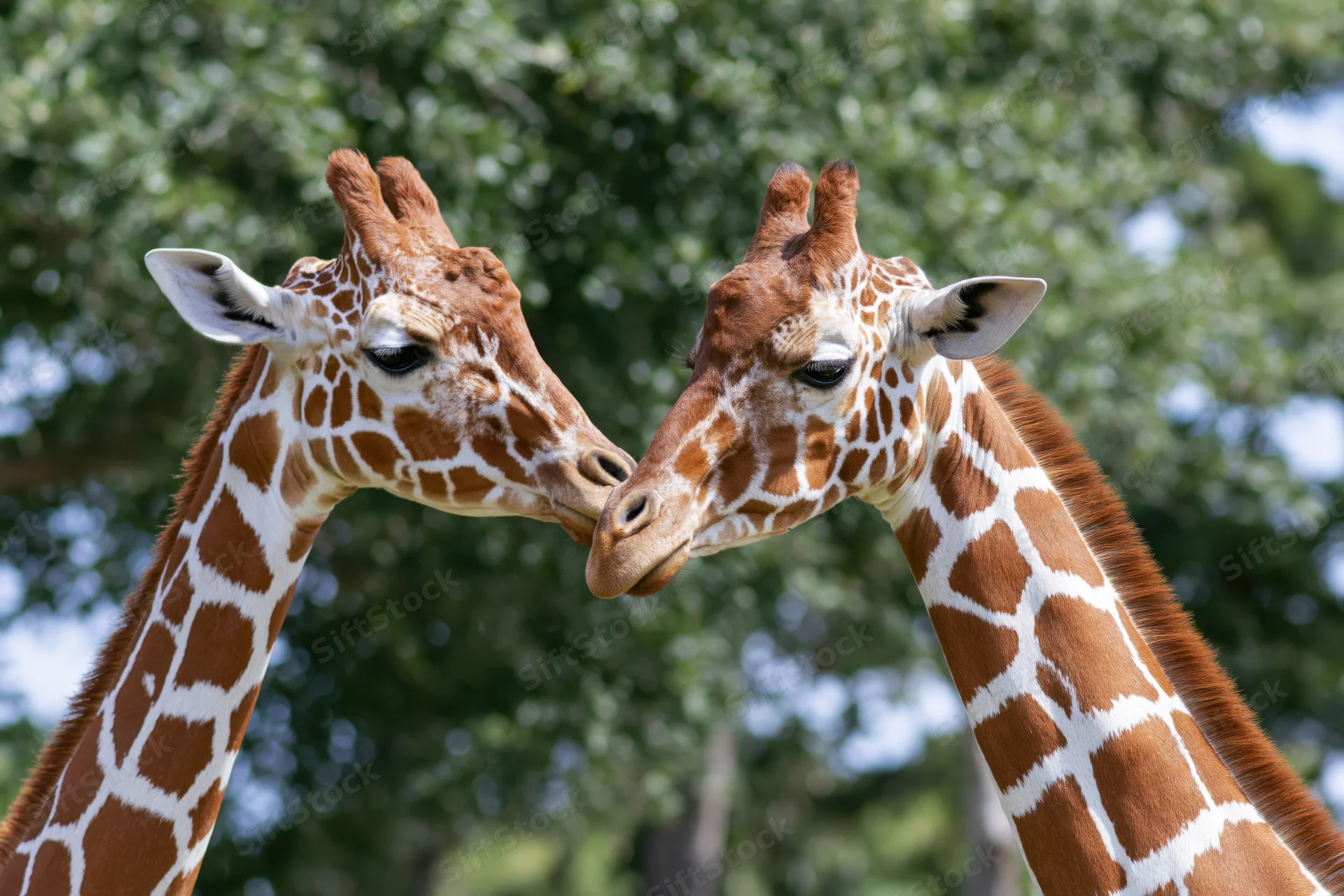 Two reticulated giraffes touching noses in a natural outdoor setting with green foliage behind them