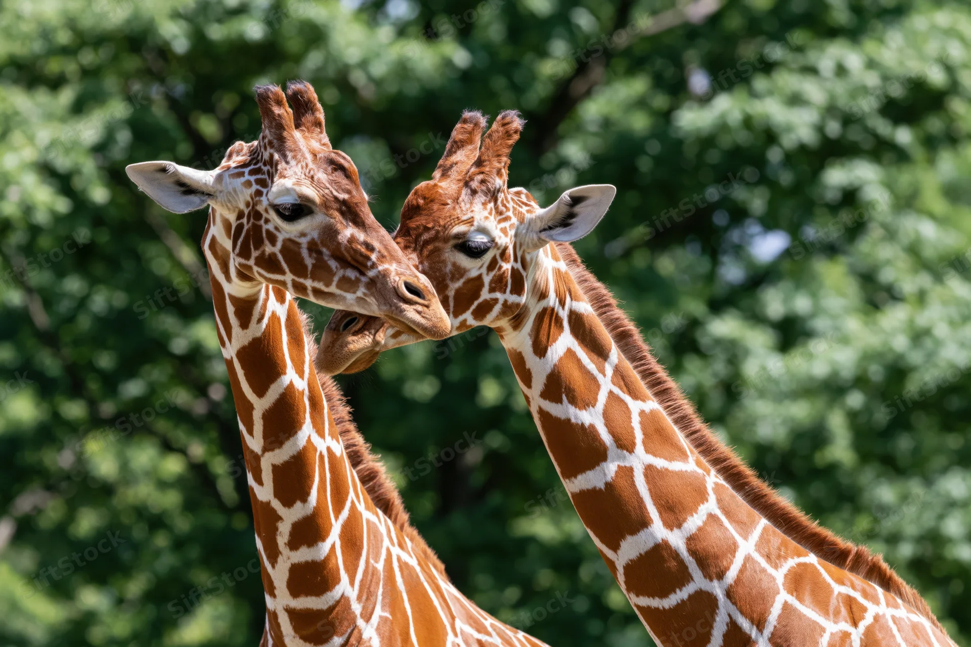 Two reticulated giraffes nuzzling each other in a green leafy outdoor setting