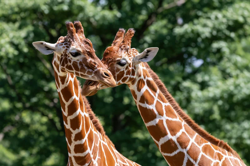 Two reticulated giraffes nuzzling each other in a green leafy outdoor setting