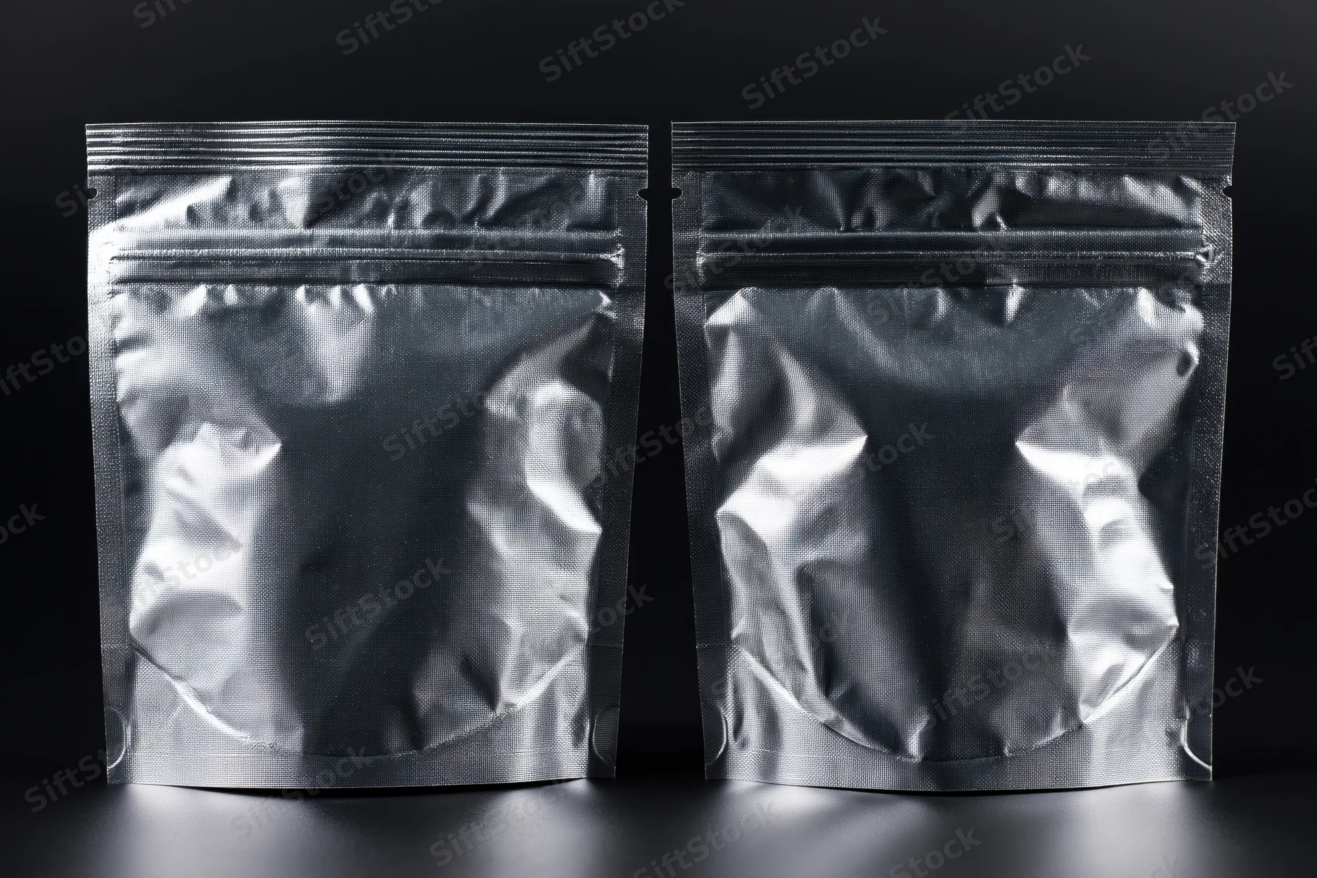Two sealed metallic foil snack pouches side by side on a dark surface