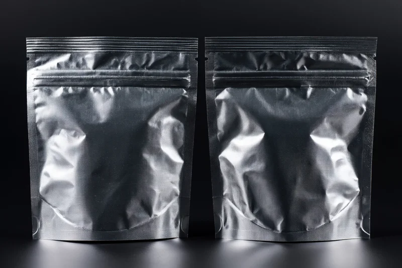 Two sealed metallic foil snack pouches side by side on a dark surface
