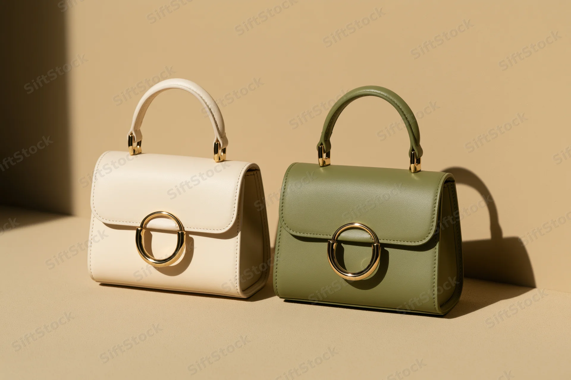 Two small structured leather handbags side by side on a smooth beige surface