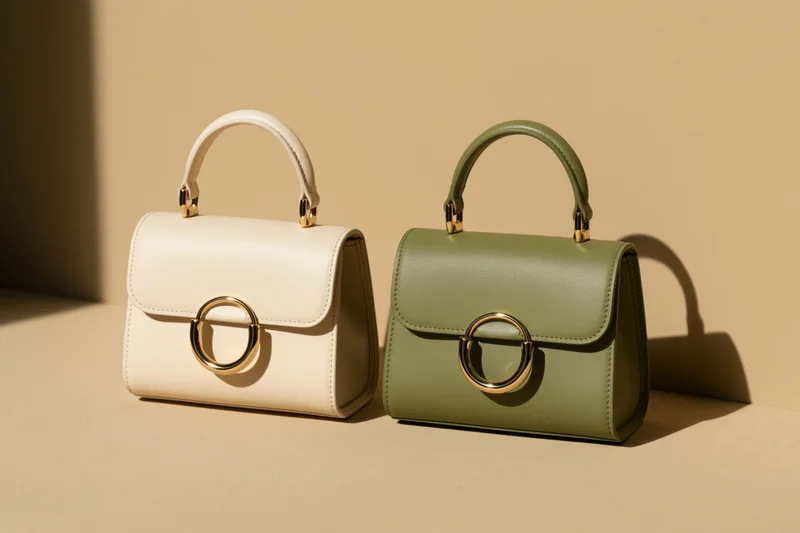 Two small structured leather handbags side by side on a smooth beige surface