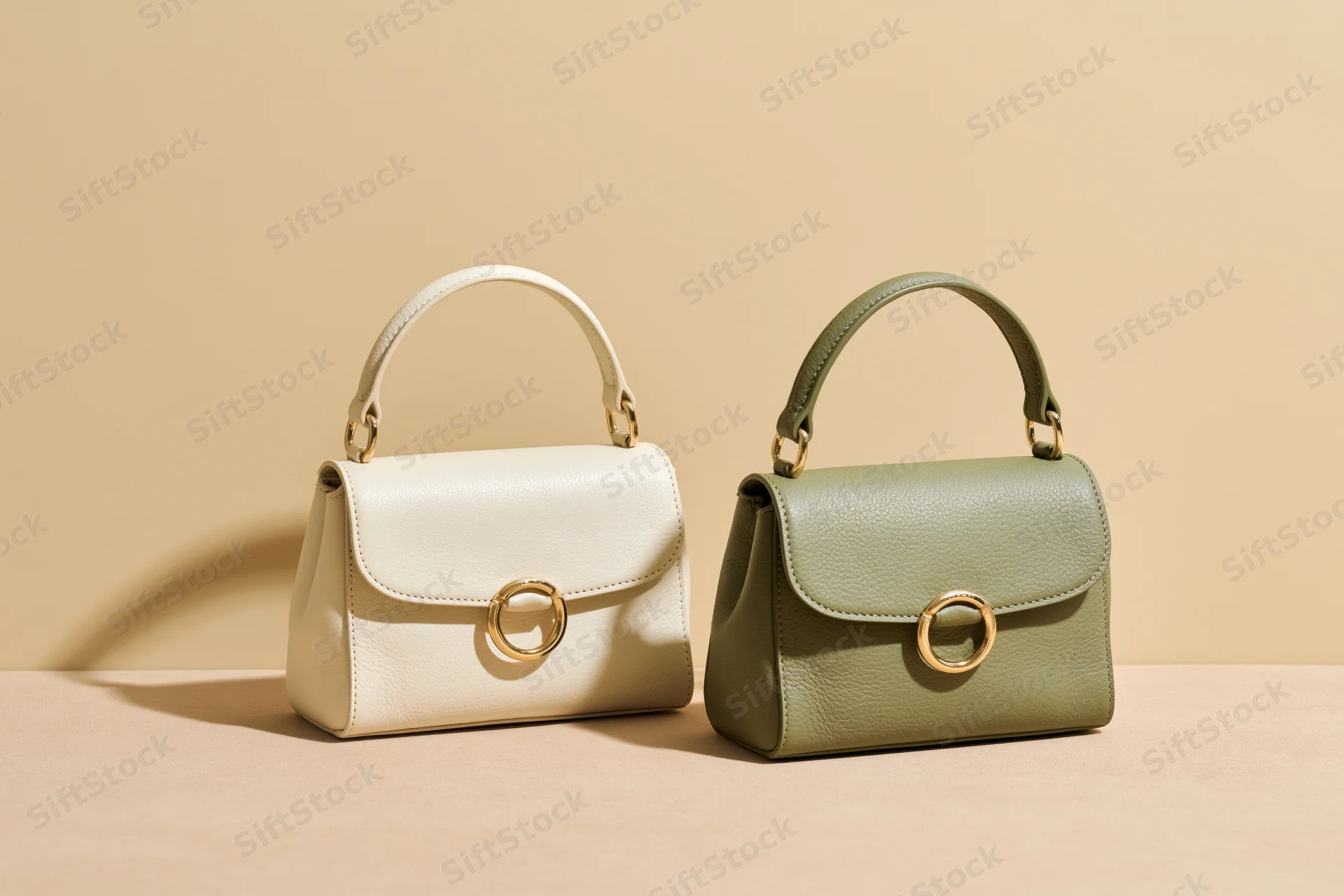 Two small structured leather handbags side by side on a smooth beige surface