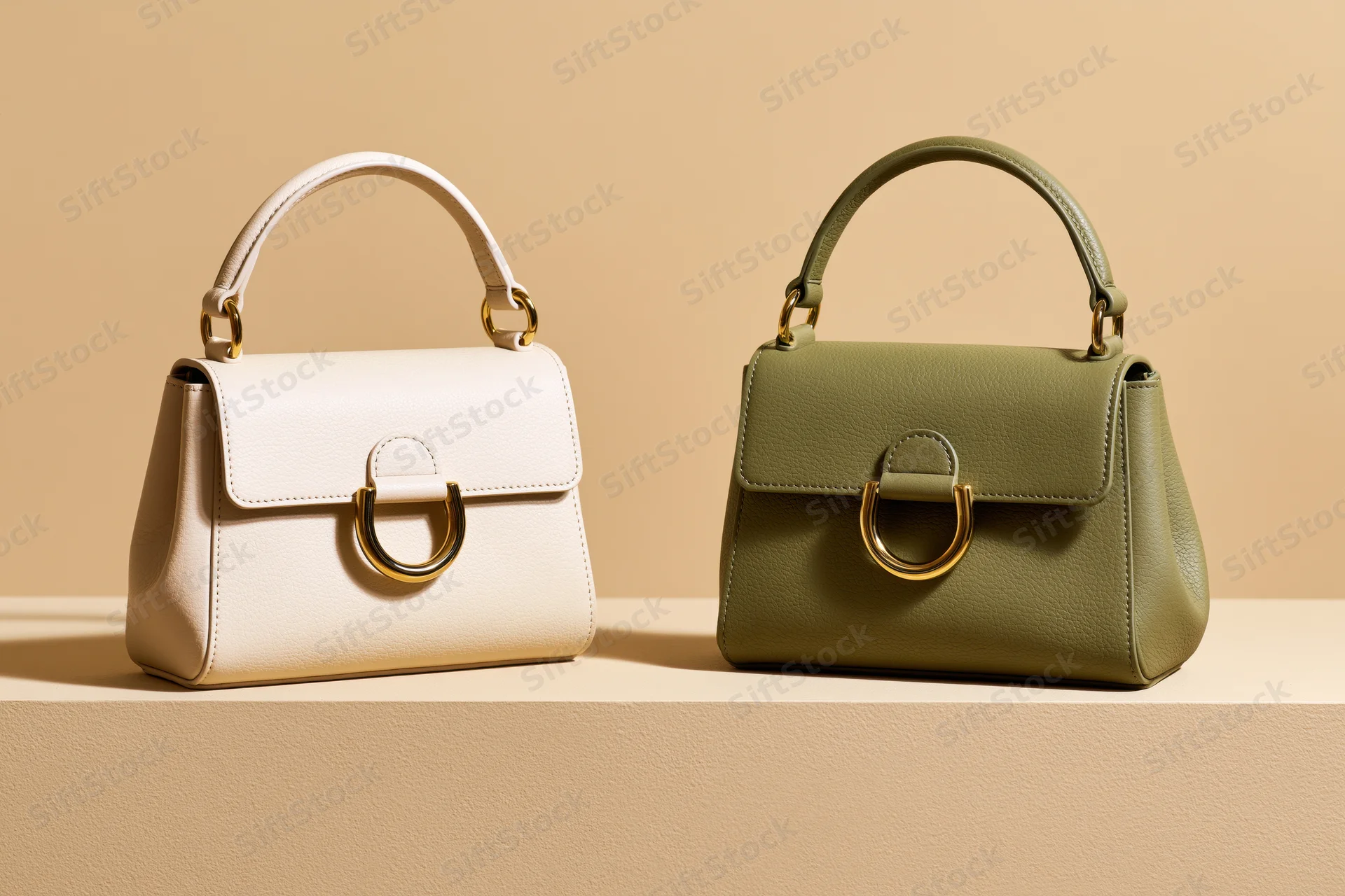 Two small structured leather handbags side by side on a beige platform