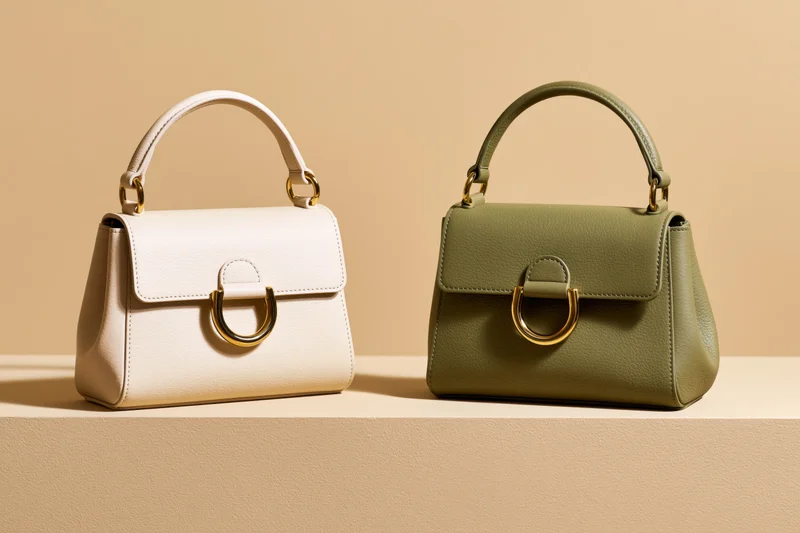 Two small structured leather handbags side by side on a beige platform