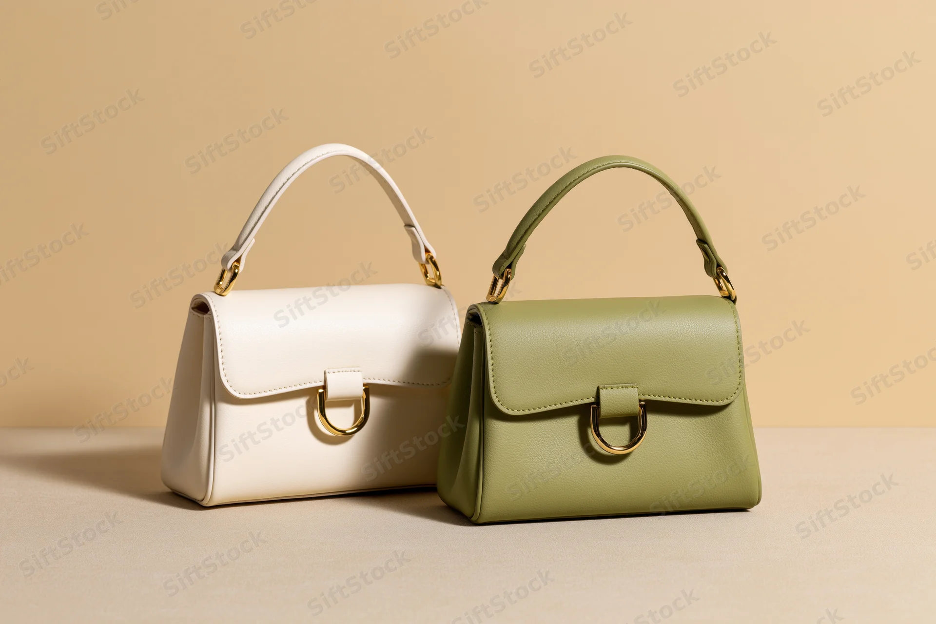 Two small structured leather handbags side by side on a smooth beige surface
