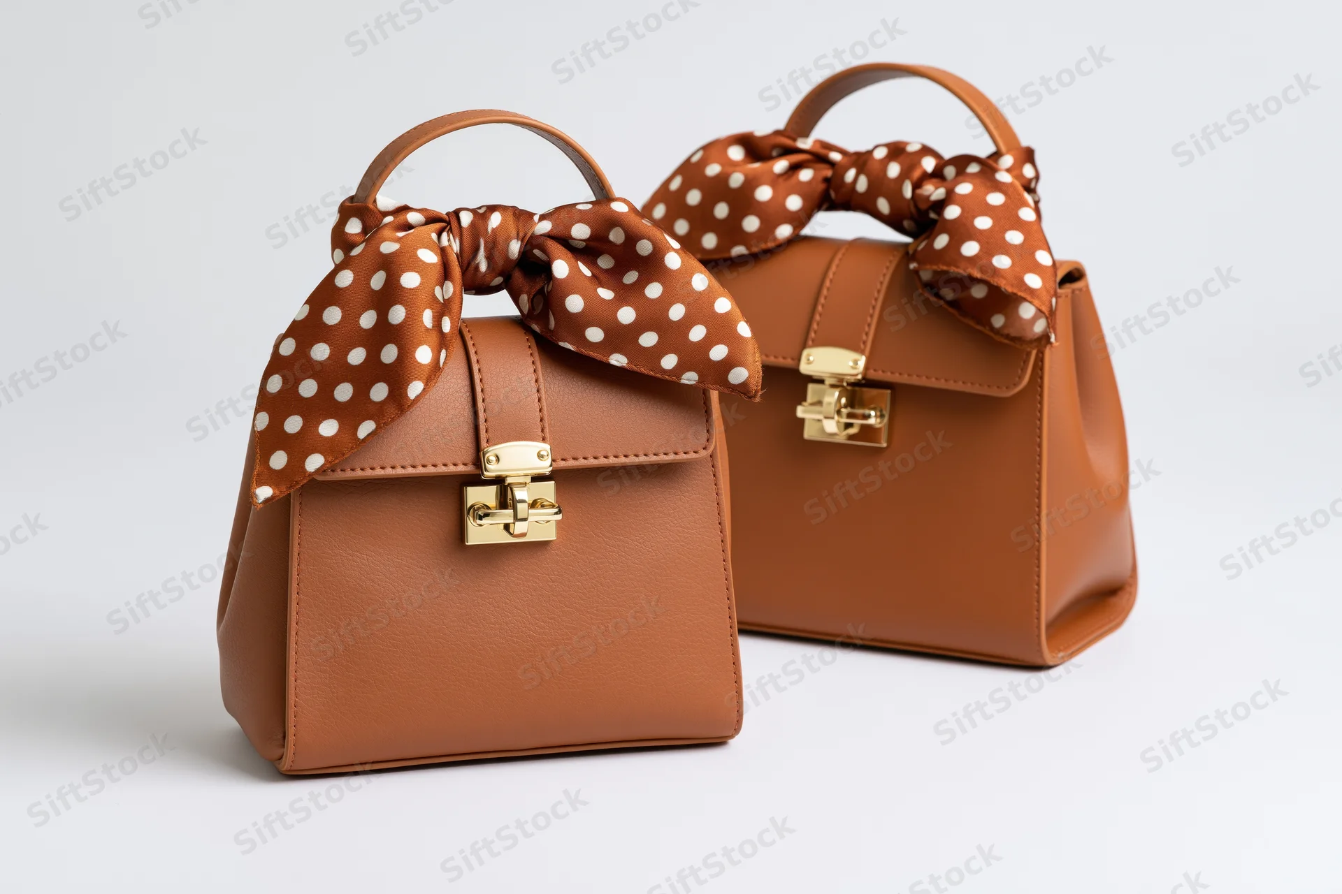Two tan leather structured handbags with polka dot bows displayed side by side on white background